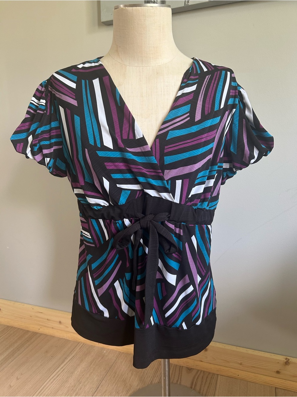 Studio Black V-Neck Blouse with Teal, Purple & White Geometric Print